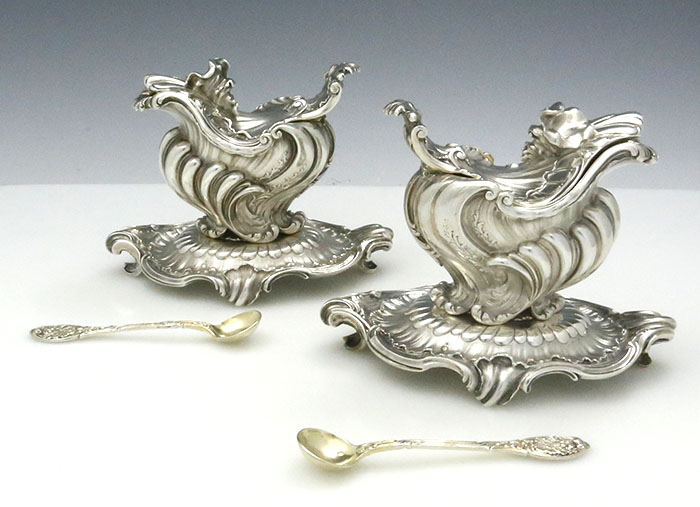 antique French silver condiment pots with liners and matching spoons